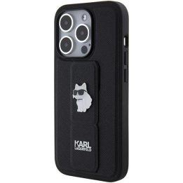 Karl Lagerfeld Gripstand Saffiano Choupette Pins dėklas iPhone 15 Pro - juodas