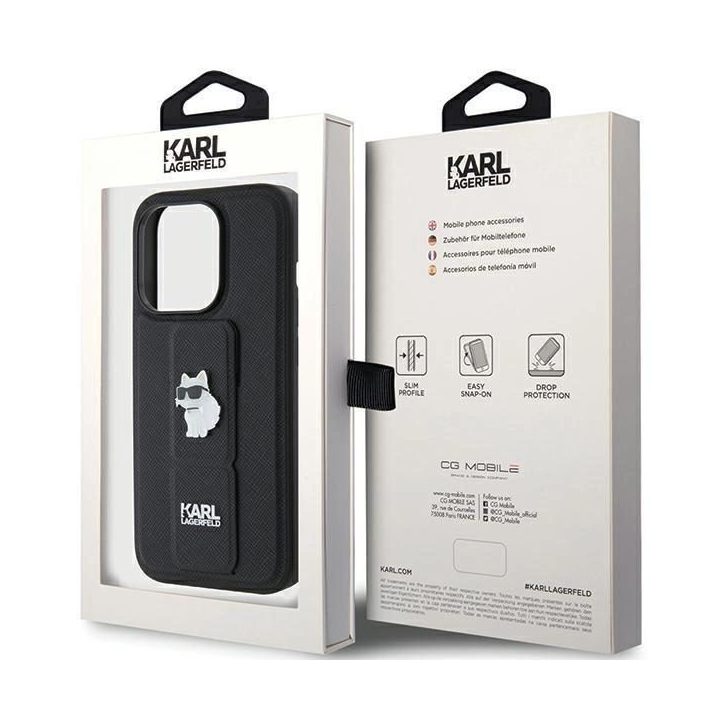 Karl Lagerfeld Gripstand Saffiano Choupette Pins dėklas iPhone 15 Pro - juodas
