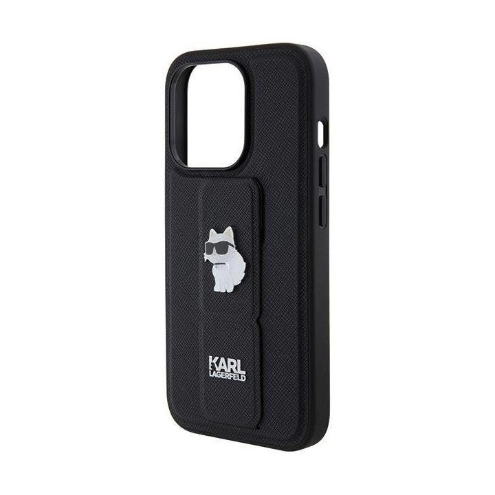Karl Lagerfeld Gripstand Saffiano Choupette Pins dėklas iPhone 15 Pro - juodas