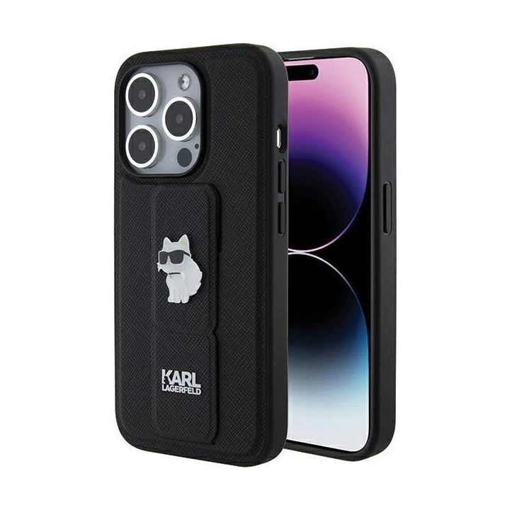 Karl Lagerfeld Gripstand Saffiano Choupette Pins dėklas iPhone 15 Pro - juodas