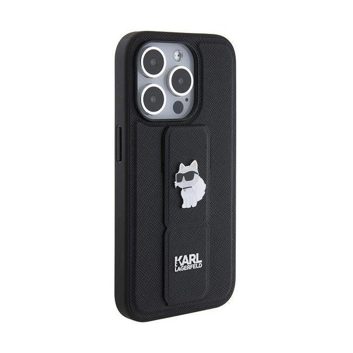 Karl Lagerfeld Gripstand Saffiano Choupette Pins dėklas iPhone 15 Pro - juodas