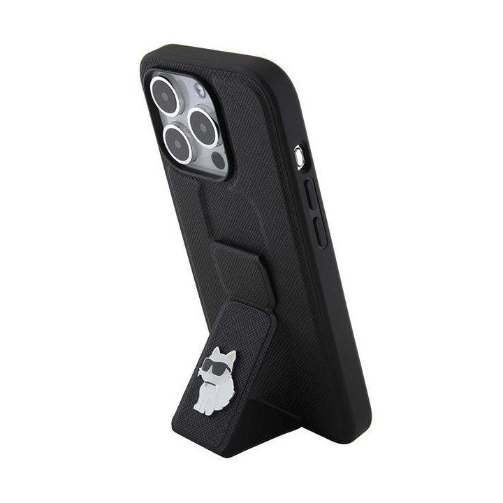 Karl Lagerfeld Gripstand Saffiano Choupette Pins dėklas iPhone 15 Pro - juodas