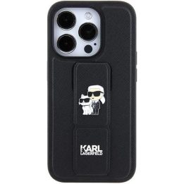 Karl Lagerfeld Gripstand Saffiano Karl&Choupette Pins dėklas iPhone 15 Pro - juodas