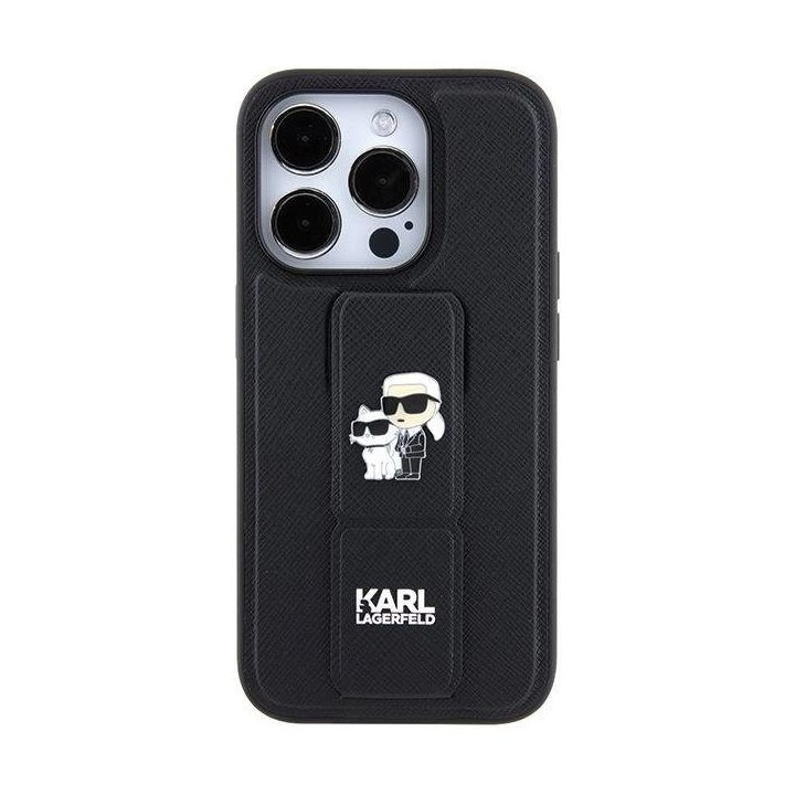 Karl Lagerfeld Gripstand Saffiano Karl&Choupette Pins dėklas iPhone 15 Pro - juodas