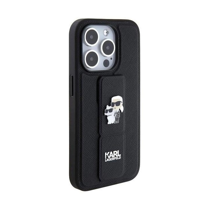 Karl Lagerfeld Gripstand Saffiano Karl&Choupette Pins dėklas iPhone 15 Pro - juodas