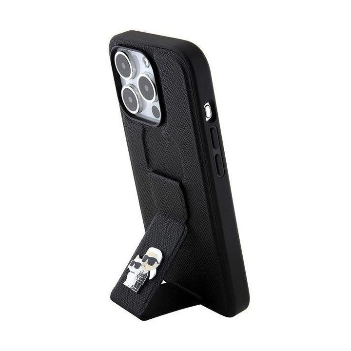 Karl Lagerfeld Gripstand Saffiano Karl&Choupette Pins dėklas iPhone 15 Pro - juodas