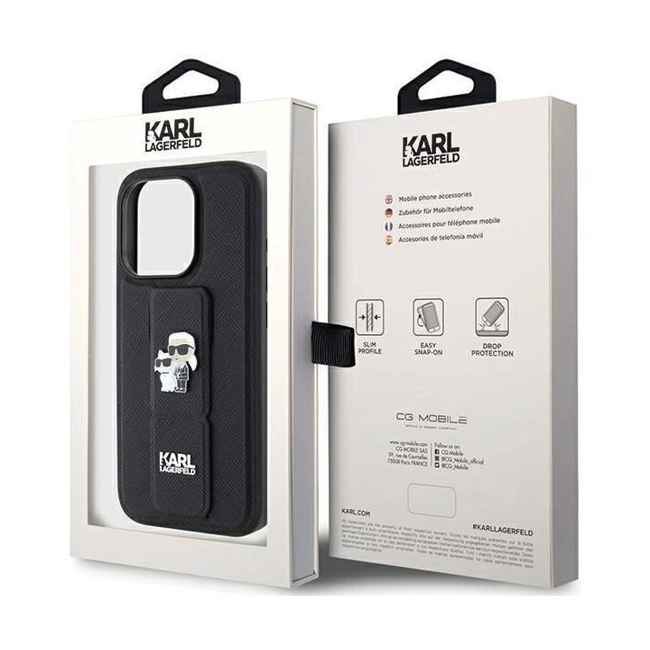 Karl Lagerfeld Gripstand Saffiano Karl&Choupette Pins dėklas iPhone 15 Pro - juodas