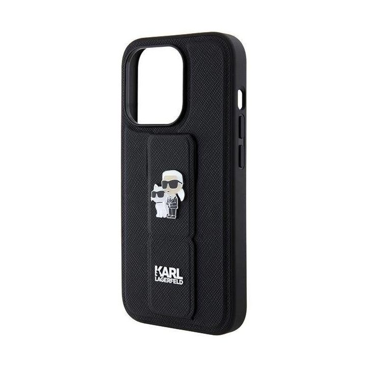 Karl Lagerfeld Gripstand Saffiano Karl&Choupette Pins dėklas iPhone 15 Pro - juodas