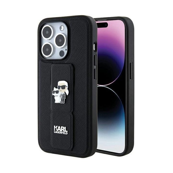 Karl Lagerfeld Gripstand Saffiano Karl&Choupette Pins dėklas iPhone 15 Pro - juodas