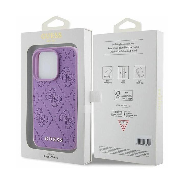 Guess odinis 4G antspauduotas dėklas iPhone 15 Pro - violetinis