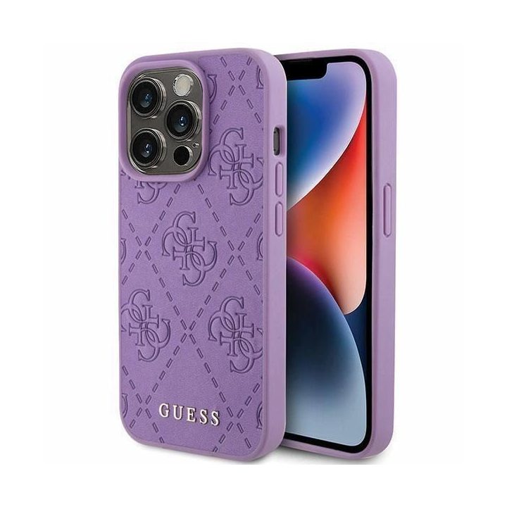 Guess odinis 4G antspauduotas dėklas iPhone 15 Pro - violetinis