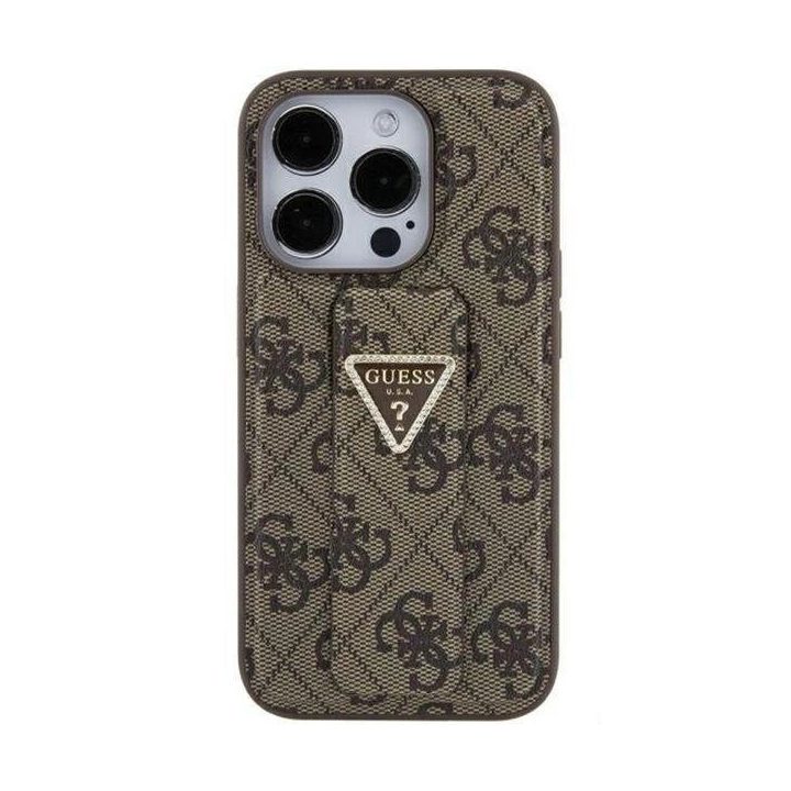 Guess Grip Stand 4G Triangle Strass dėklas iPhone 15 - rudas