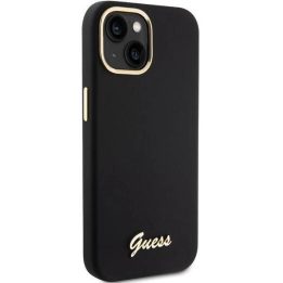 Guess silikoninis Script Metal Logo & Frame dėklas iPhone 15 - juodas
