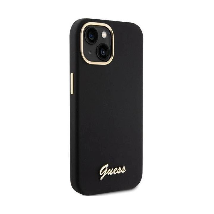 Guess silikoninis Script Metal Logo & Frame dėklas iPhone 15 - juodas