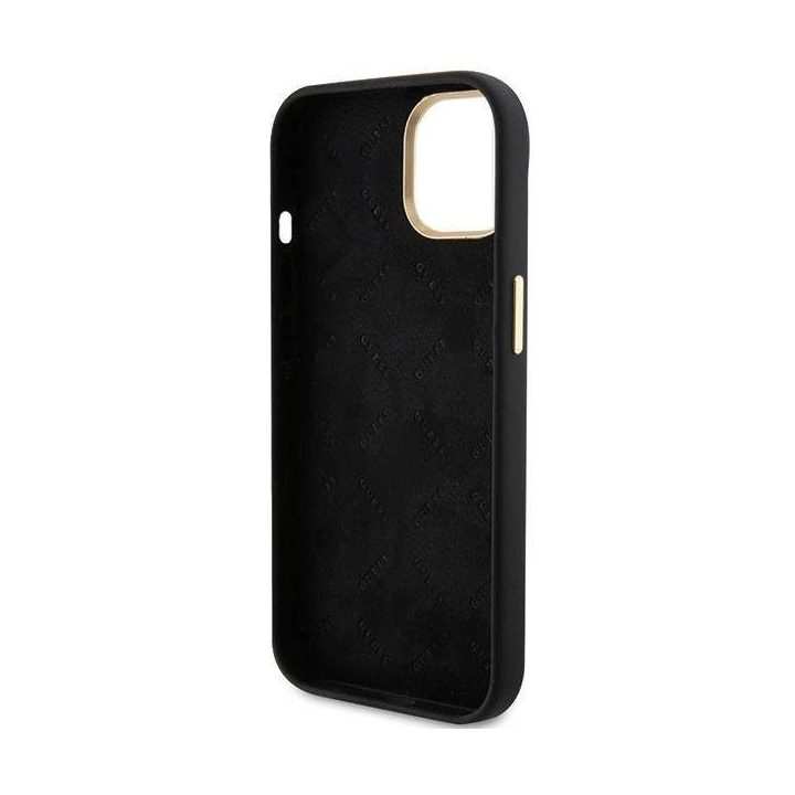 Guess silikoninis Script Metal Logo & Frame dėklas iPhone 15 - juodas