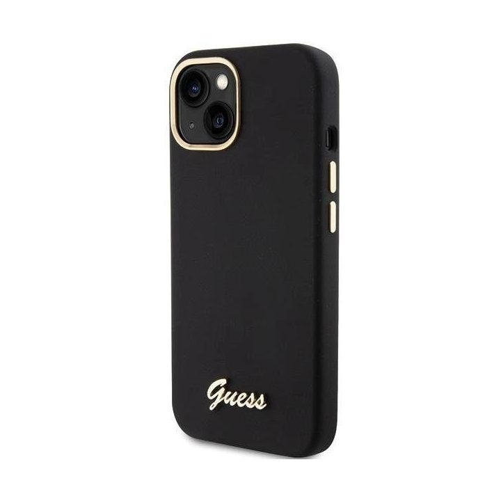 Guess silikoninis Script Metal Logo & Frame dėklas iPhone 15 - juodas