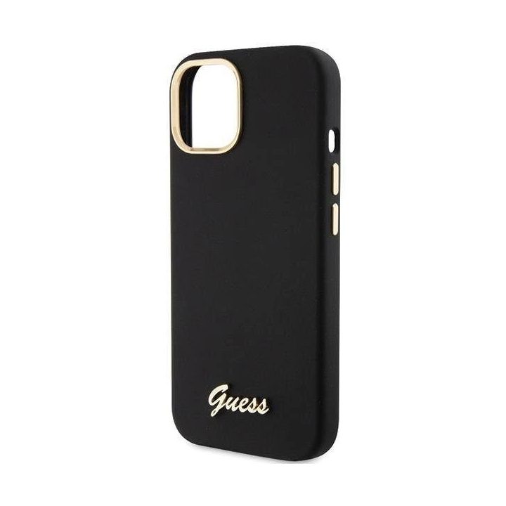Guess silikoninis Script Metal Logo & Frame dėklas iPhone 15 - juodas