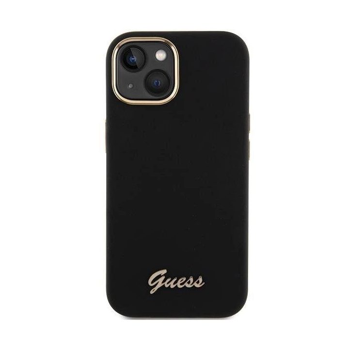 Guess silikoninis Script Metal Logo & Frame dėklas iPhone 15 - juodas