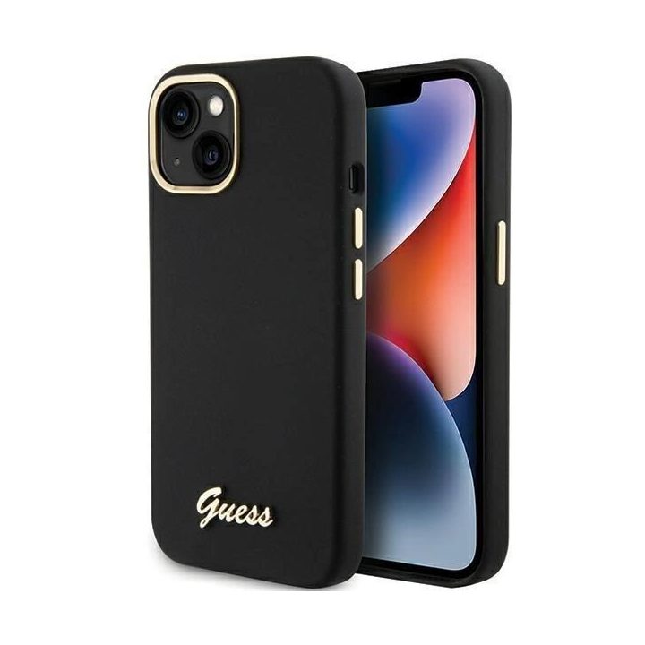 Guess silikoninis Script Metal Logo & Frame dėklas iPhone 15 - juodas
