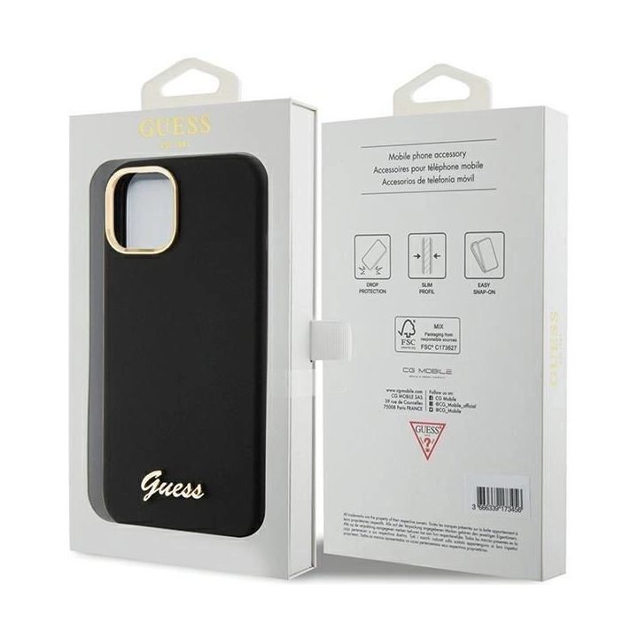 Guess silikoninis Script Metal Logo & Frame dėklas iPhone 15 - juodas