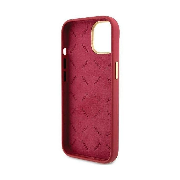 Guess silikoninis korpusas su metaliniu logotipu ir rėmeliu iPhone 15 - raudonas