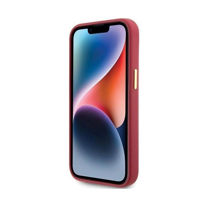 Guess silikoninis korpusas su metaliniu logotipu ir rėmeliu iPhone 15 - raudonas