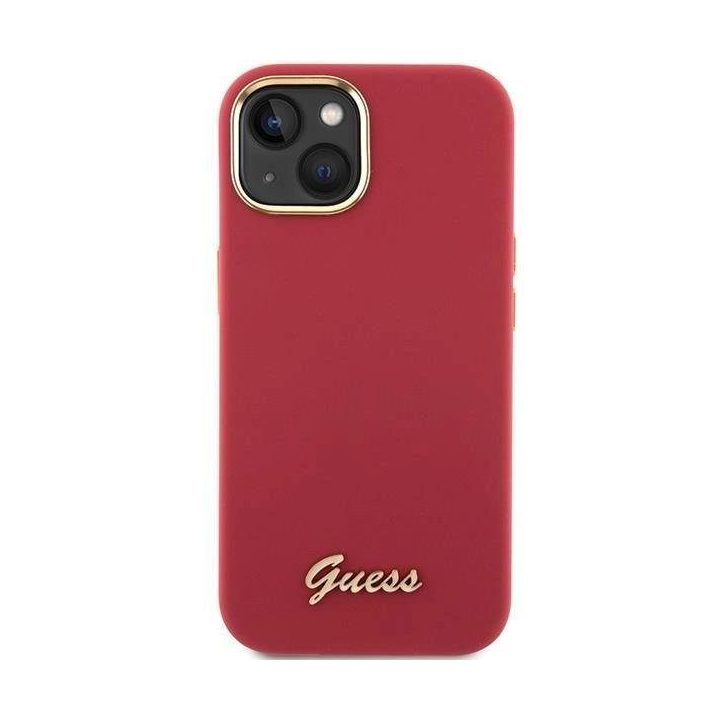 Guess silikoninis korpusas su metaliniu logotipu ir rėmeliu iPhone 15 - raudonas
