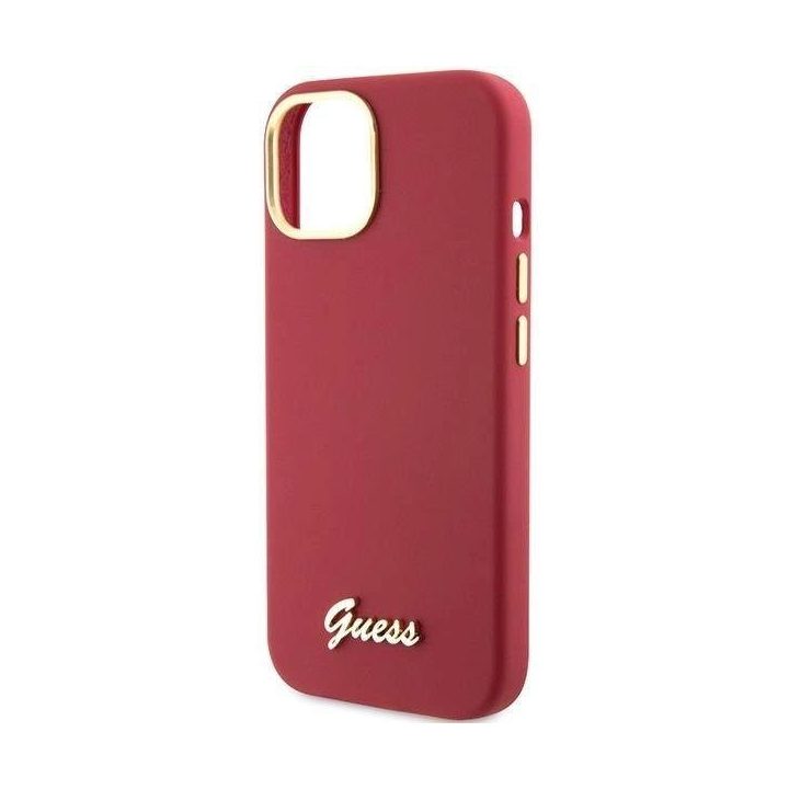 Guess silikoninis korpusas su metaliniu logotipu ir rėmeliu iPhone 15 - raudonas