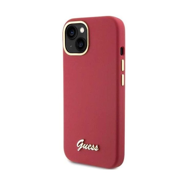Guess silikoninis korpusas su metaliniu logotipu ir rėmeliu iPhone 15 - raudonas