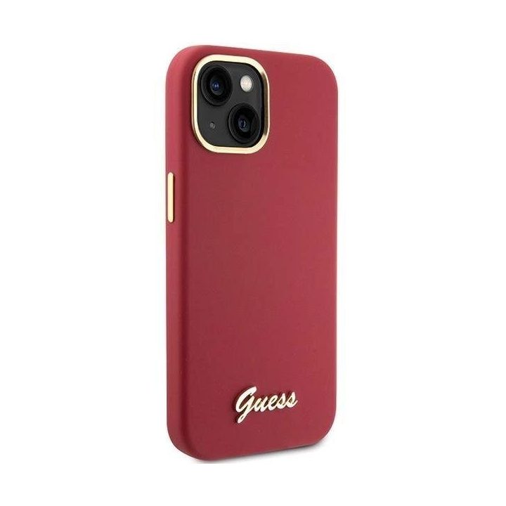 Guess silikoninis korpusas su metaliniu logotipu ir rėmeliu iPhone 15 - raudonas