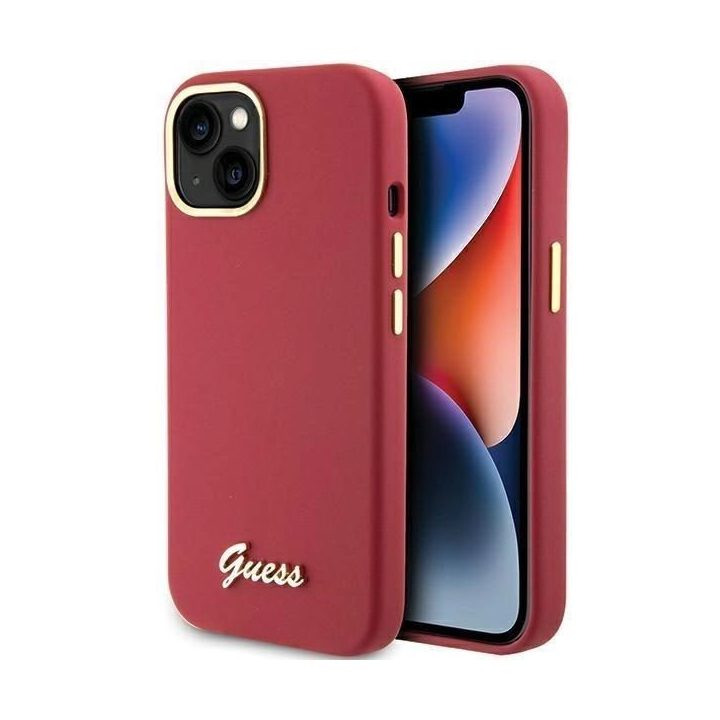 Guess silikoninis korpusas su metaliniu logotipu ir rėmeliu iPhone 15 - raudonas