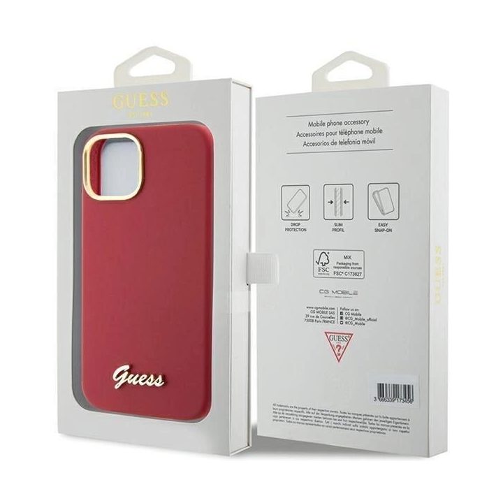 Guess silikoninis korpusas su metaliniu logotipu ir rėmeliu iPhone 15 - raudonas