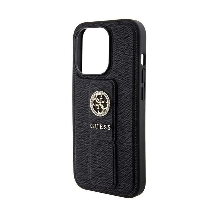 Guess Grip Stand 4G Saffiano Strass dėklas iPhone 15 Pro Max - juodas