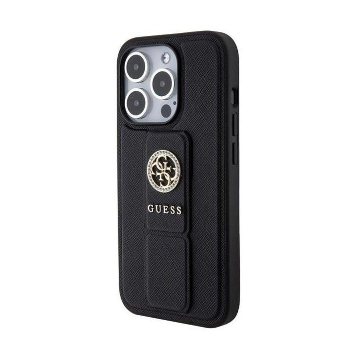 Guess Grip Stand 4G Saffiano Strass dėklas iPhone 15 Pro Max - juodas