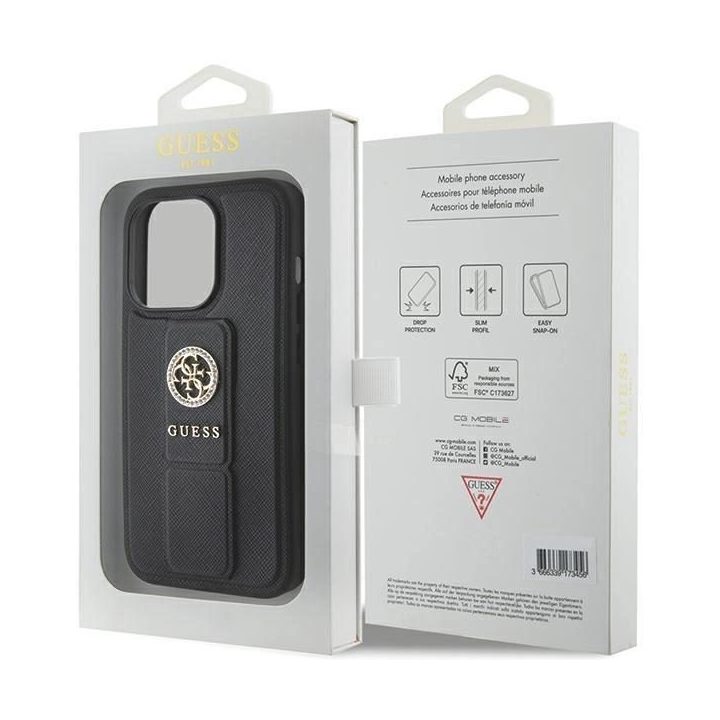 Guess Grip Stand 4G Saffiano Strass dėklas iPhone 15 Pro Max - juodas