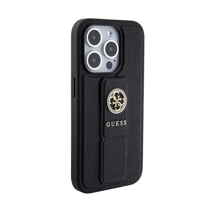 Guess Grip Stand 4G Saffiano Strass dėklas iPhone 15 Pro Max - juodas