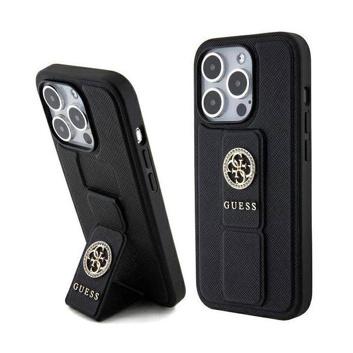 Guess Grip Stand 4G Saffiano Strass dėklas iPhone 15 Pro Max - juodas