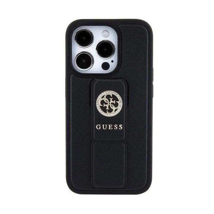 Guess Grip Stand 4G Saffiano Strass dėklas iPhone 15 Pro Max - juodas
