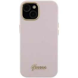 Guess silikoninis korpusas su metaliniu logotipu ir rėmeliu, skirtas iPhone 15 Pro Max - rožinis