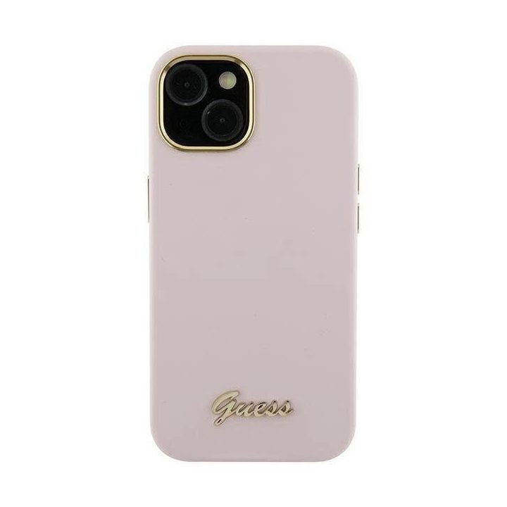 Guess silikoninis korpusas su metaliniu logotipu ir rėmeliu, skirtas iPhone 15 Pro Max - rožinis