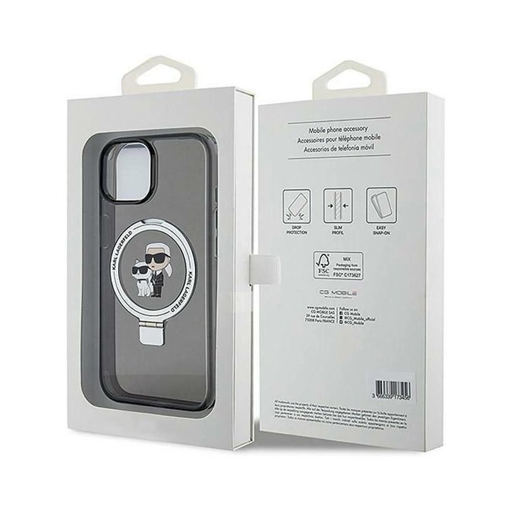 Karl Lagerfeld Ring Stand Karl&Choupette MagSafe dėklas iPhone 14 / 15 / 13 - juodas