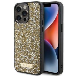 iPhone 15 Pro Max - geltonas Guess Rhinestone metalinis dėklas su logotipu