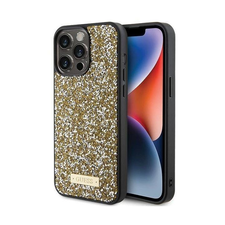 iPhone 15 Pro Max - geltonas Guess Rhinestone metalinis dėklas su logotipu