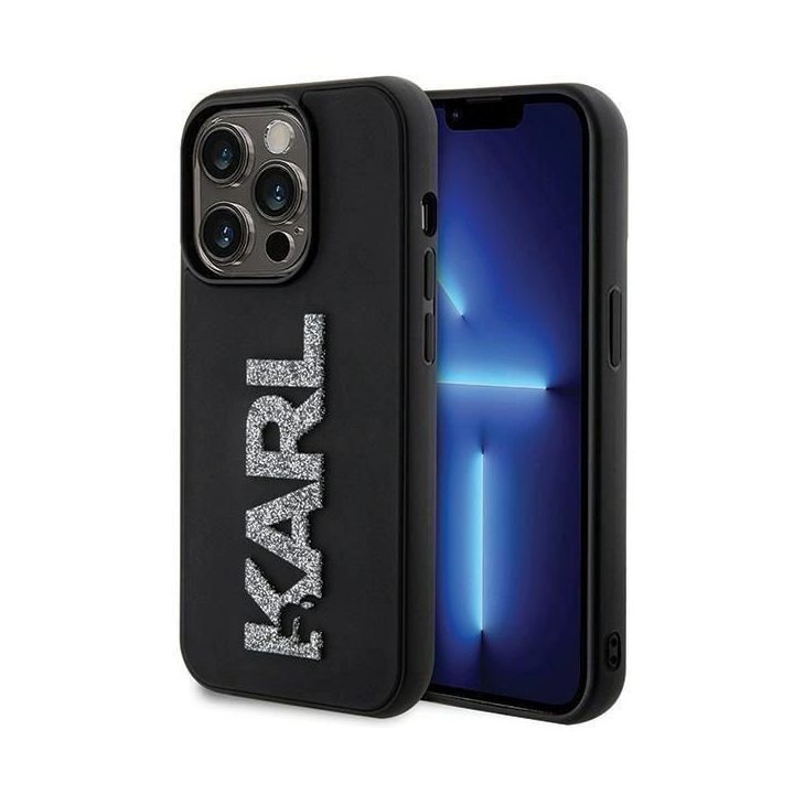 iPhone 15 Pro - juodas Karl Lagerfeld 3D guminis blizgantis dėklas su logotipu