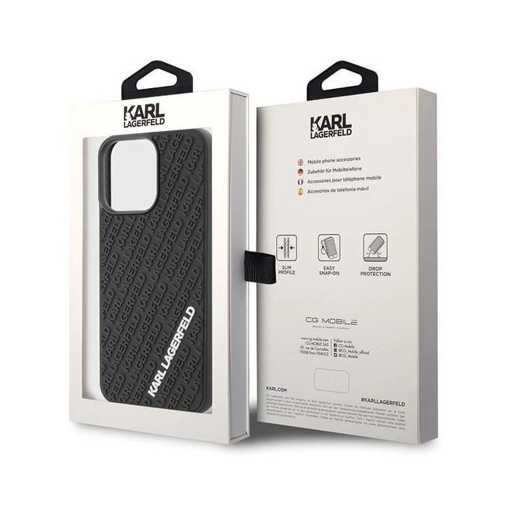iPhone 15 Pro Max - juodas Karl Lagerfeld 3D guminis dėklas su keliais logotipais
