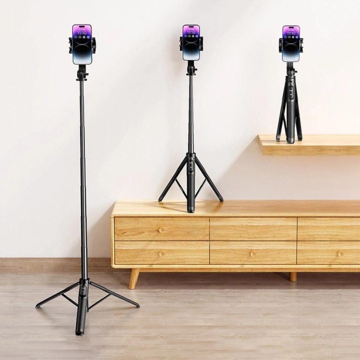 Selfie lazda / teleskopinė lazda su stovu ir Bluetooth nuotolinio valdymo pulteliu 1,5 m LP586 - juoda