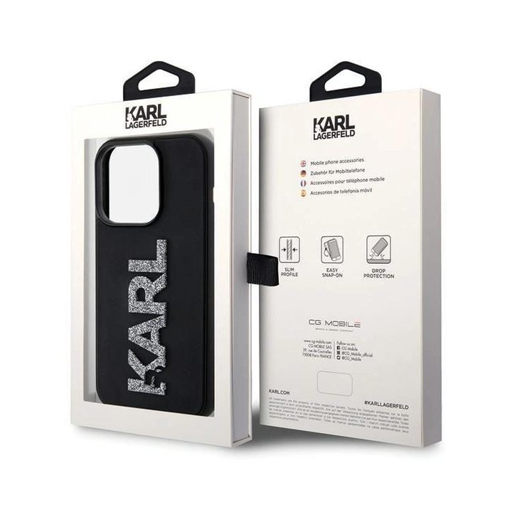 iPhone 15 Pro Max Karl Lagerfeld 3D guminis blizgus dėklas su logotipu - juodas