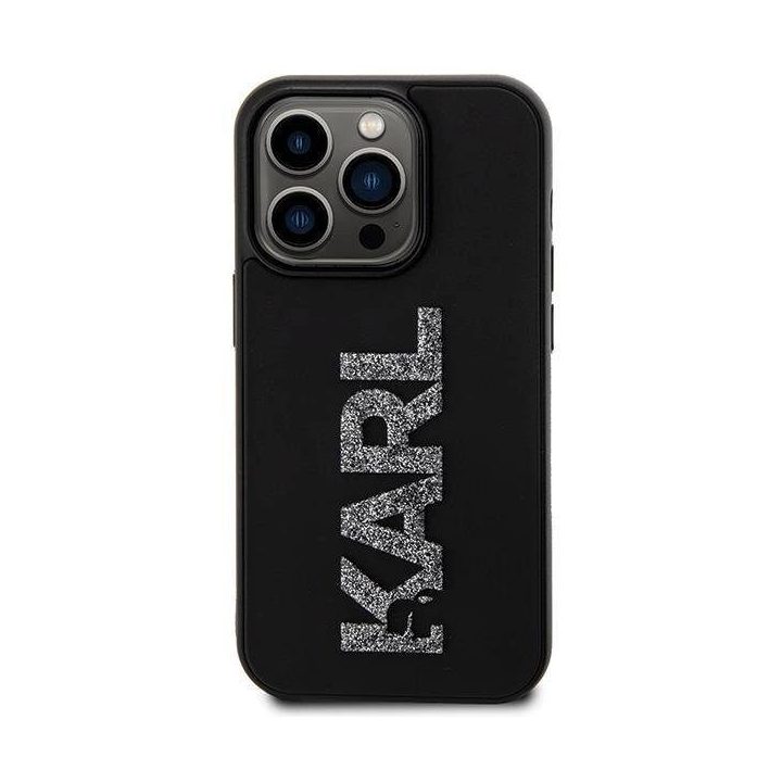 iPhone 15 Pro Max Karl Lagerfeld 3D guminis blizgus dėklas su logotipu - juodas