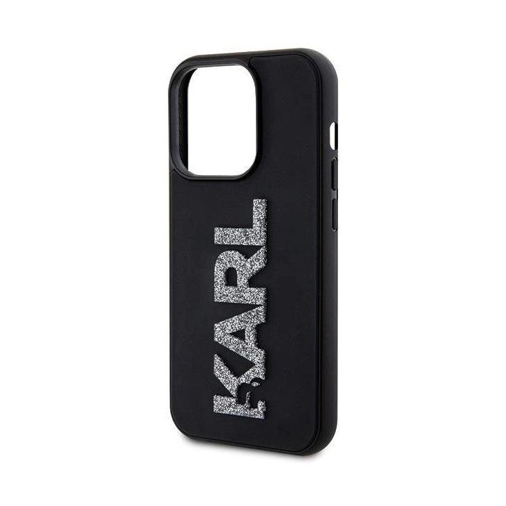iPhone 15 Pro Max Karl Lagerfeld 3D guminis blizgus dėklas su logotipu - juodas