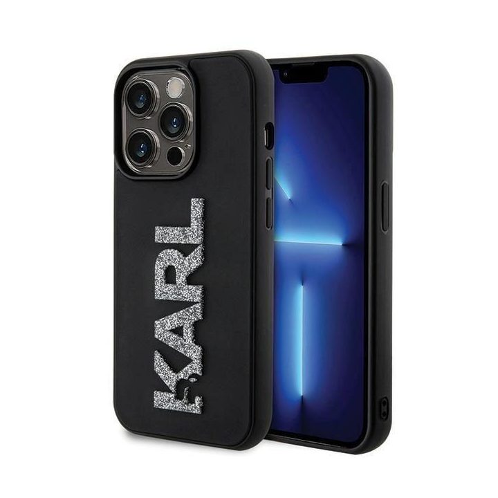 iPhone 15 Pro Max Karl Lagerfeld 3D guminis blizgus dėklas su logotipu - juodas